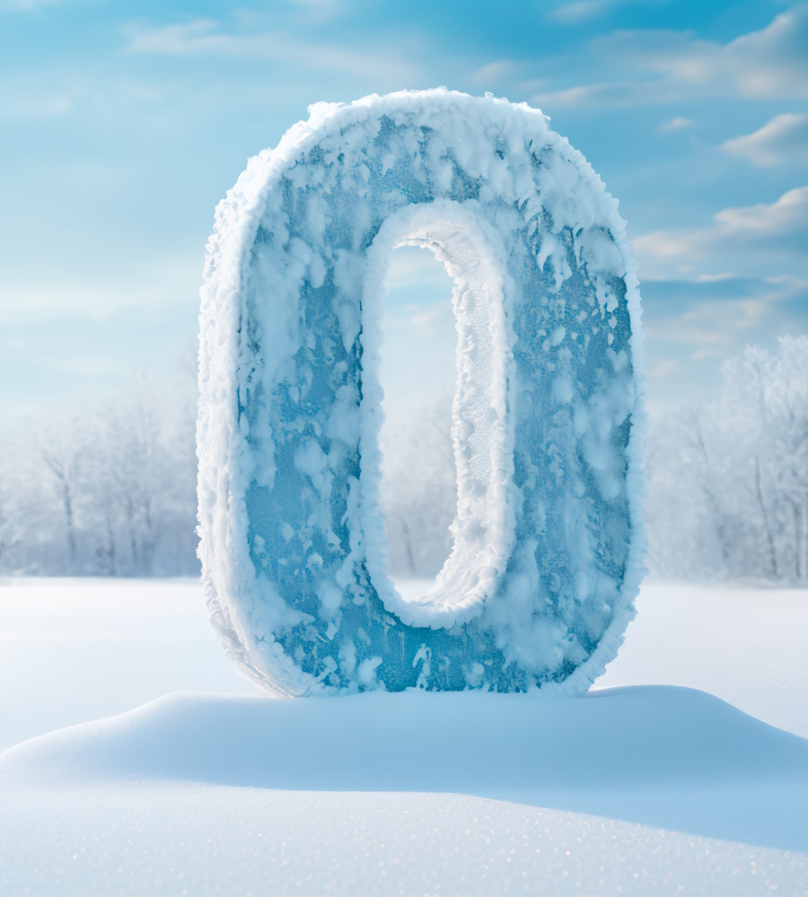 The number zero in the cold, against the backdrop of winter during a snowfall. Frozen number zero in the midst of the cold season. A giant number zero in the cold